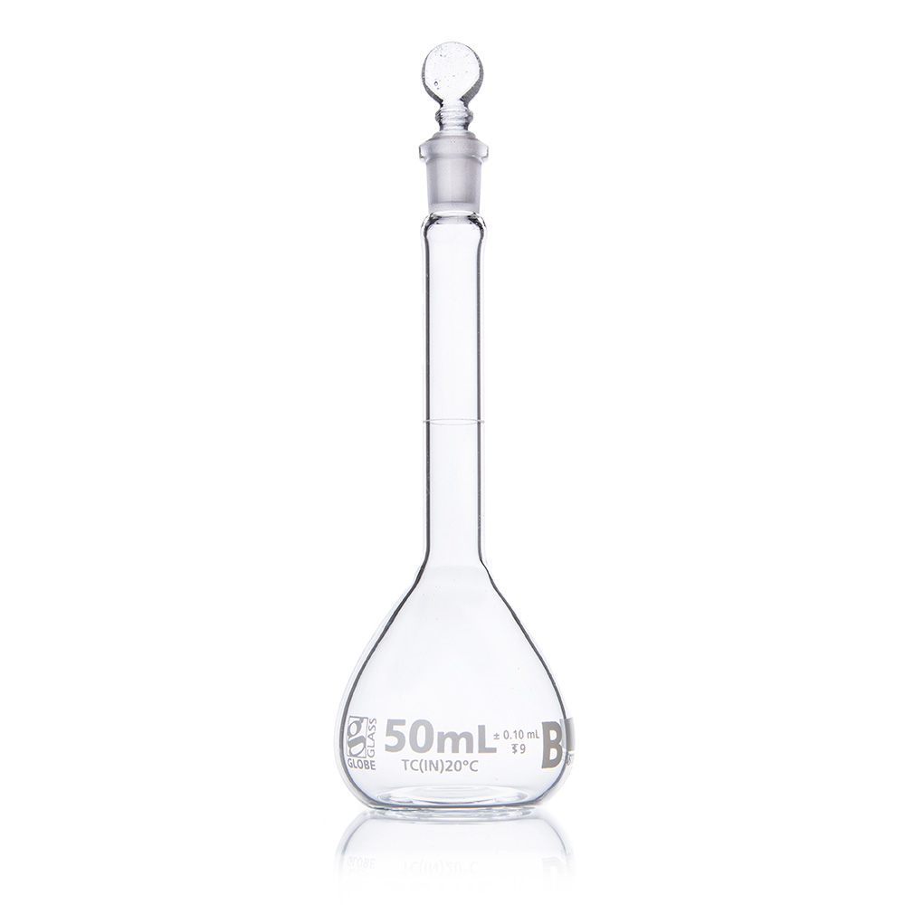 Globe Scientific Flask, Volumetric , Globe Glass, 50mL, Class B, To Contain (TC), ASTME288, 6/Box Image